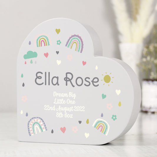 Personalised Rainbow Free Standing Wooden Heart Ornament - perfect for Children