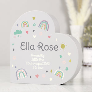 Personalised Rainbow Free Standing Wooden Heart Ornament - perfect for Children