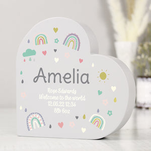 Personalised Rainbow Free Standing Wooden Heart Ornament - perfect for Children