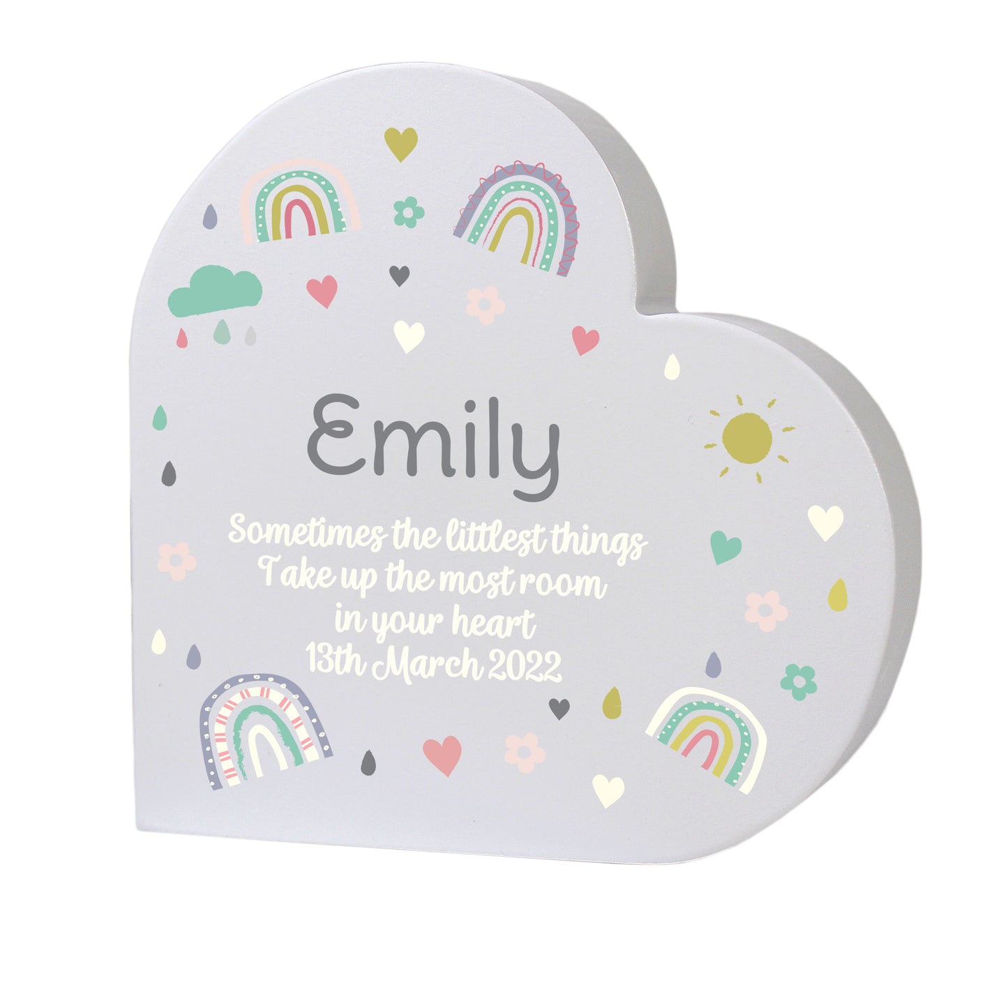 Personalised Rainbow Free Standing Wooden Heart Ornament - perfect for Children