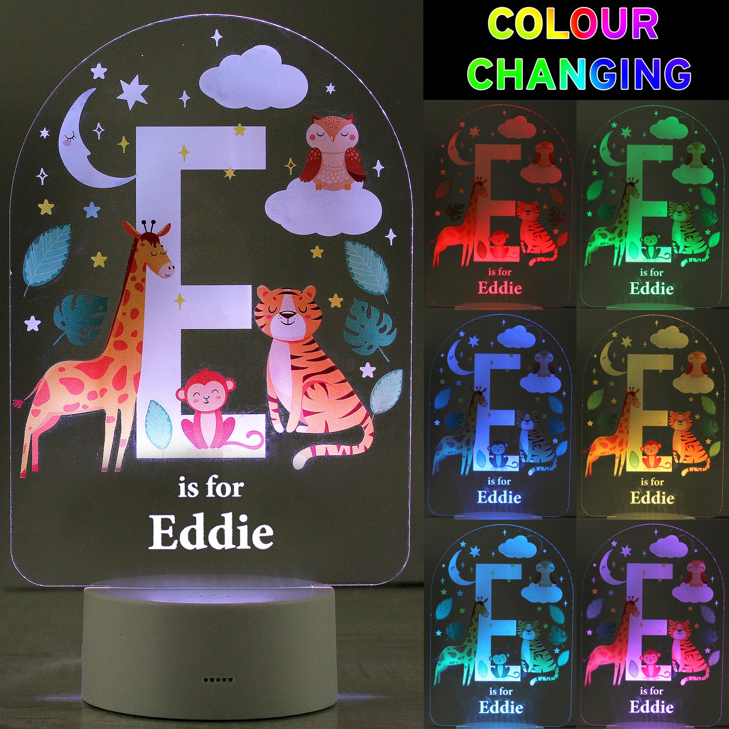 Personalised Animal Alphabet LED Colour Changing Night Light - Initial and Name