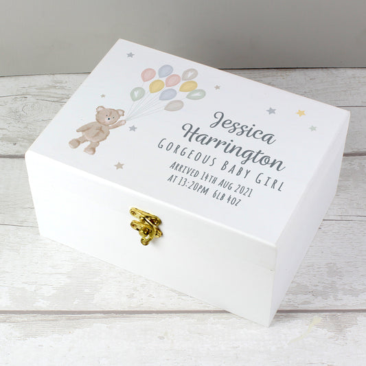 Personalised Teddy and Balloons White Wooden Keepsake Box