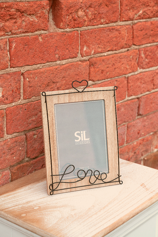 Wooden Photo Frame with Black Wire 'Love' Script 4x6"