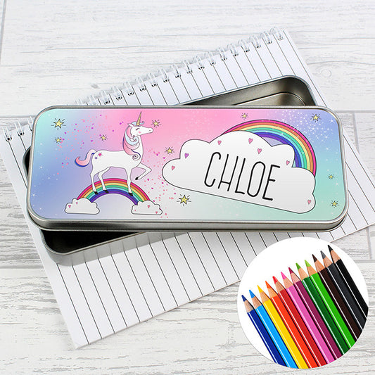 Personalised Unicorn Pencil Tin with 12 Colouring Pencils