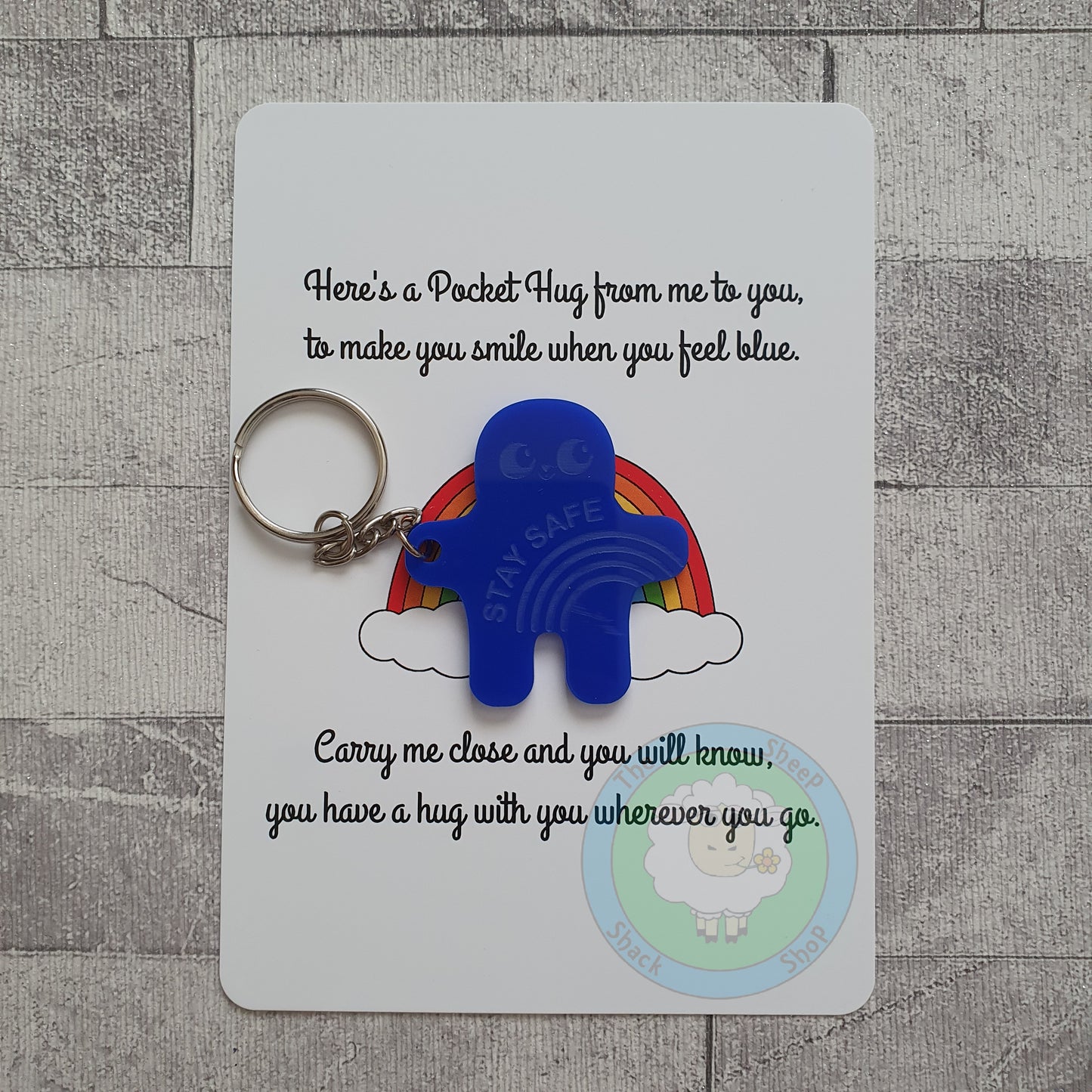 Acrylic 5cm 'Stay Safe' Blue Pocket Hug(s) - Keyring Option