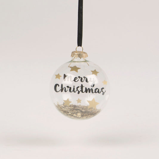 Merry Christmas Glass Bauble with Star Sequins