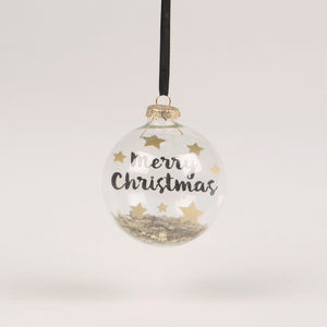 Merry Christmas Glass Bauble with Star Sequins