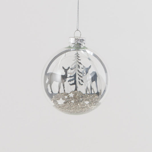 Silver Woodland Deer Scene Glass Christmas Bauble