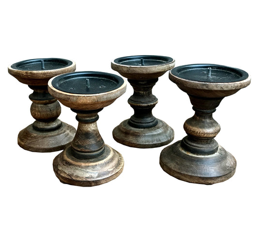 Set of 4 Brown Wooden Candlesticks - Church Pillar Candle Holders