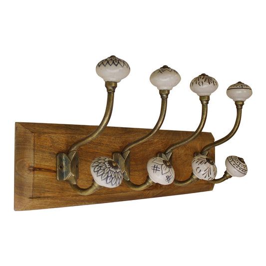 4 Double Ceramic Coat Hooks On Wooden Base - Ivory