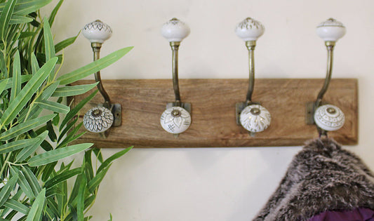 4 Double Ceramic Coat Hooks On Wooden Base - Ivory