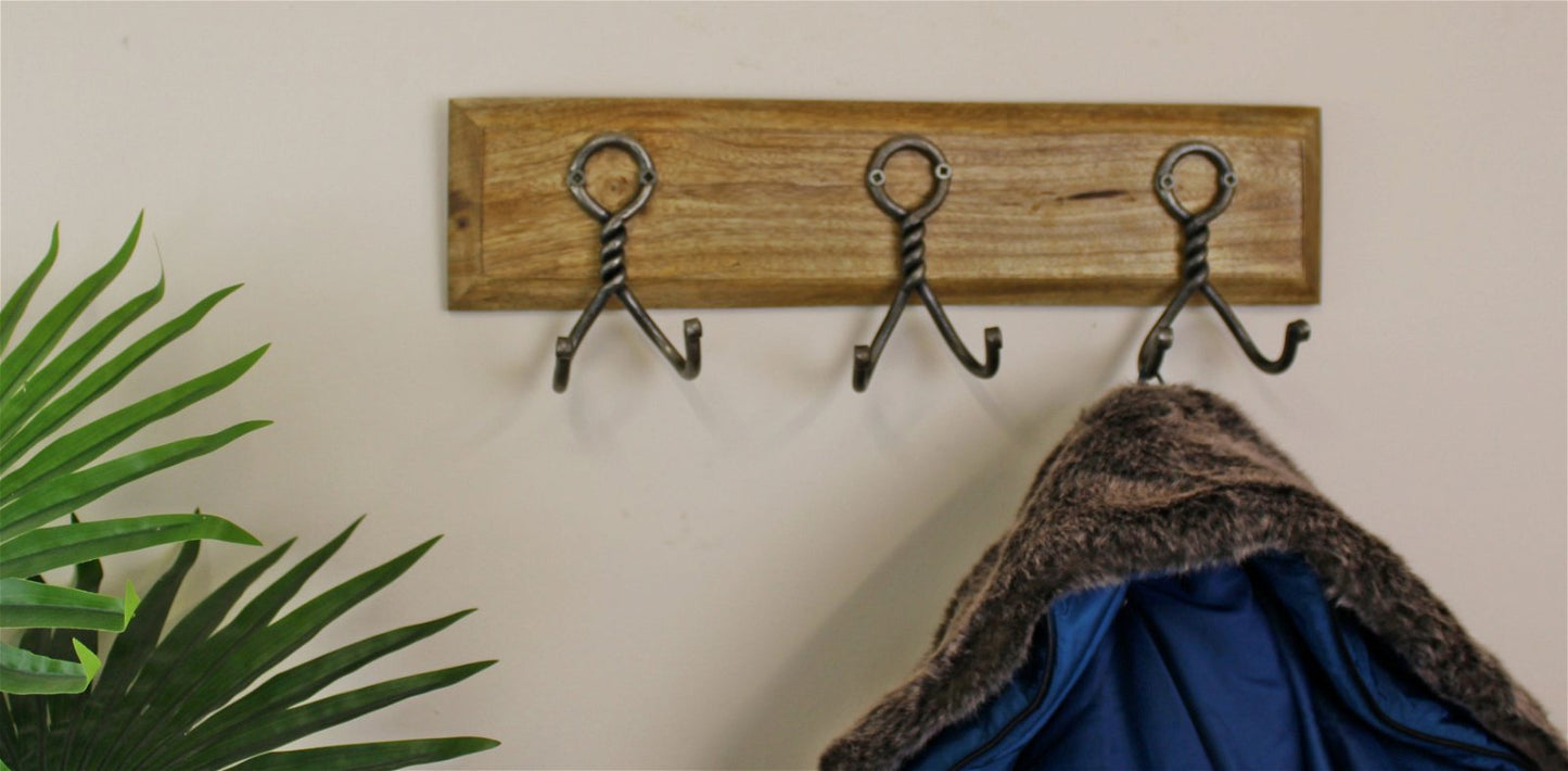 3 Piece Double Metal Wall Hooks On Wooden Base