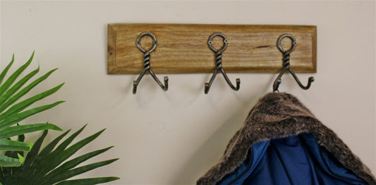 3 Piece Double Metal Wall Hooks On Wooden Base