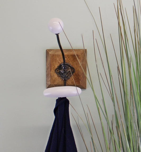 Double White Ceramic Coat Hook On Wooden Base
