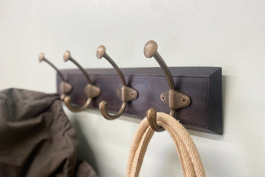 Wooden Base with 4 Brass Coat Hooks