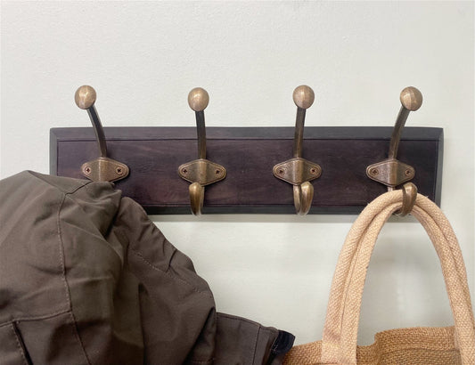 Wooden Base with 4 Brass Coat Hooks