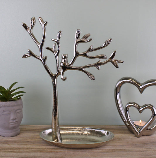 Silver Metal Tree With Cat Jewellery Stand