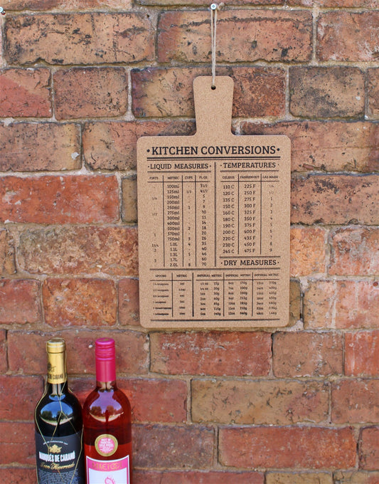 Hanging Cork Board with Kitchen Conversions Chart