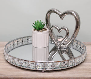 Large Mirrored Silver Tray With Bead Design, 31cm