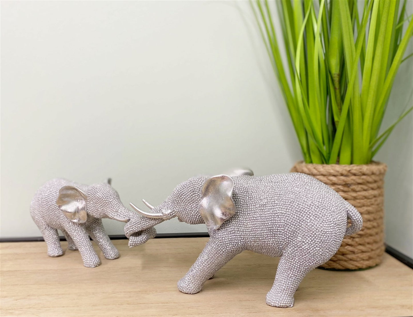 Silver Beaded Elephants - Mother & Baby