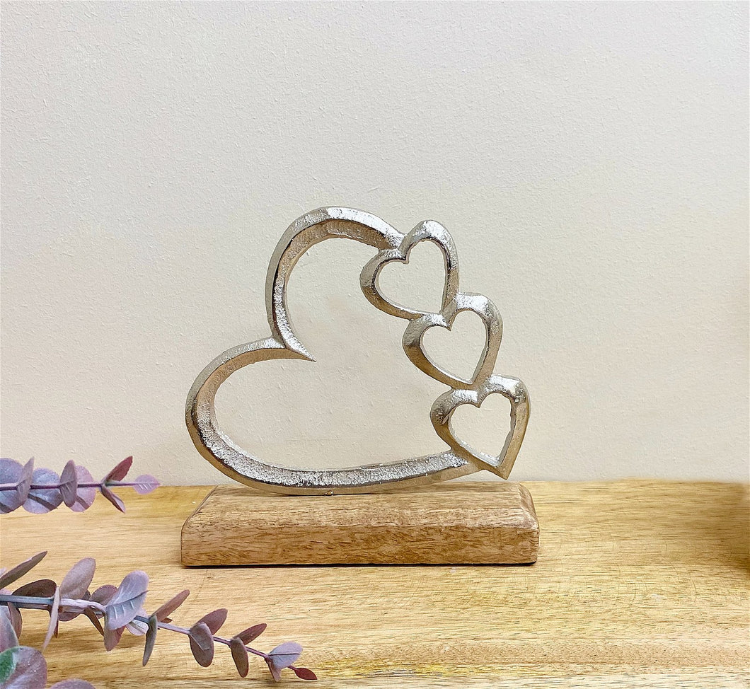 Small Metal Silver Four Heart Ornament on a Wooden Base - 15cm