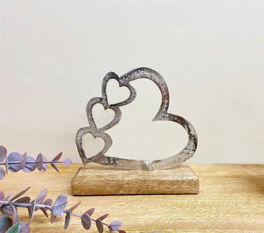 Small Metal Silver Four Heart Ornament on a Wooden Base - 15cm