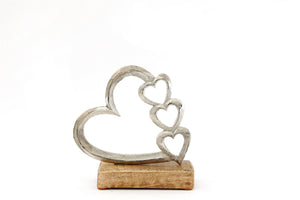 Small Metal Silver Four Heart Ornament on a Wooden Base - 15cm