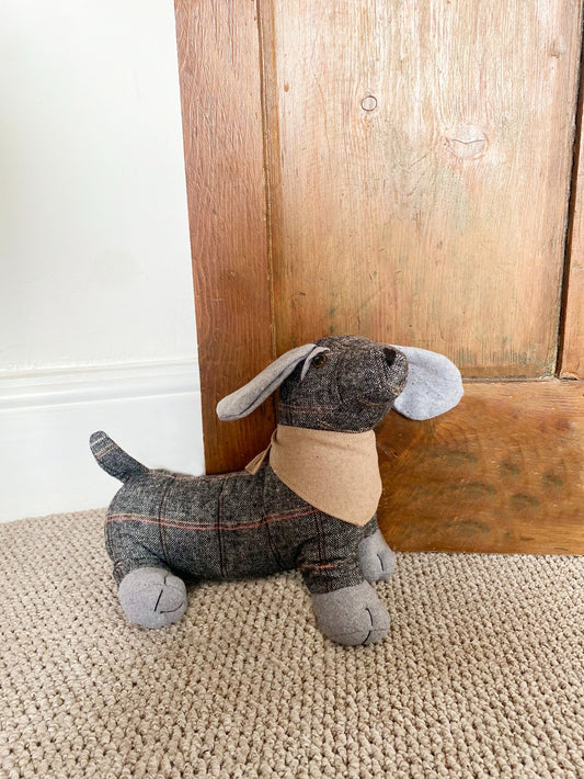 Tartan Fabric Sausage Dog Doorstop with Natural Colour Bandana