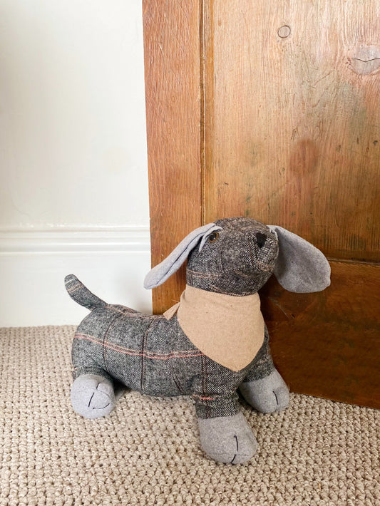 Tartan Fabric Sausage Dog Doorstop with Natural Colour Bandana