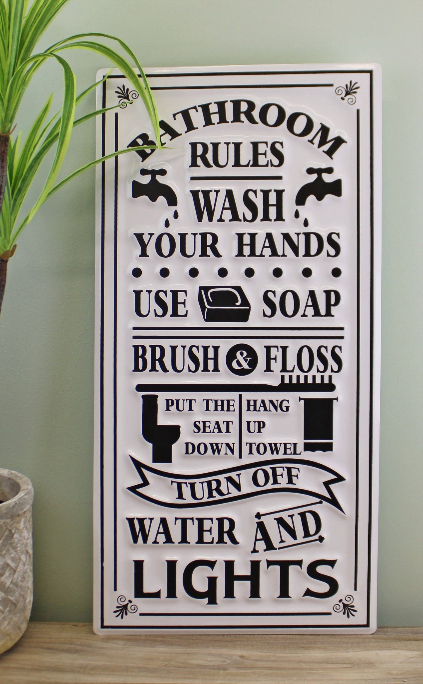 Metal, Wall Hanging 'Bathroom Rules' Plaque, 60x30cm