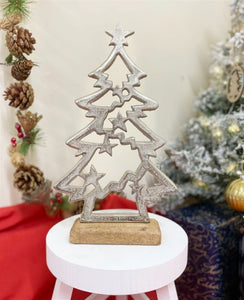 Silver Christmas Tree & Stars On Wooden Base