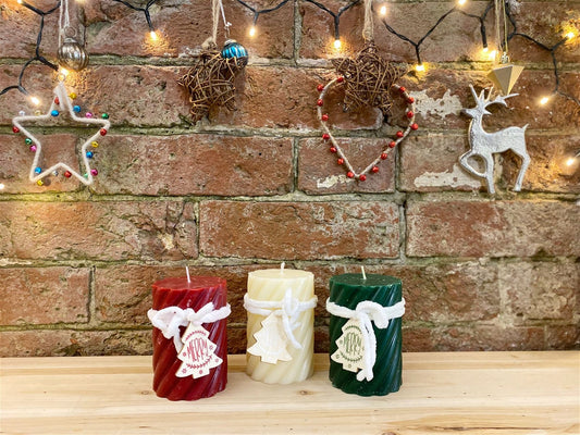 Three Twist Pillar (Christmas) Candles - Green, Cream & Red