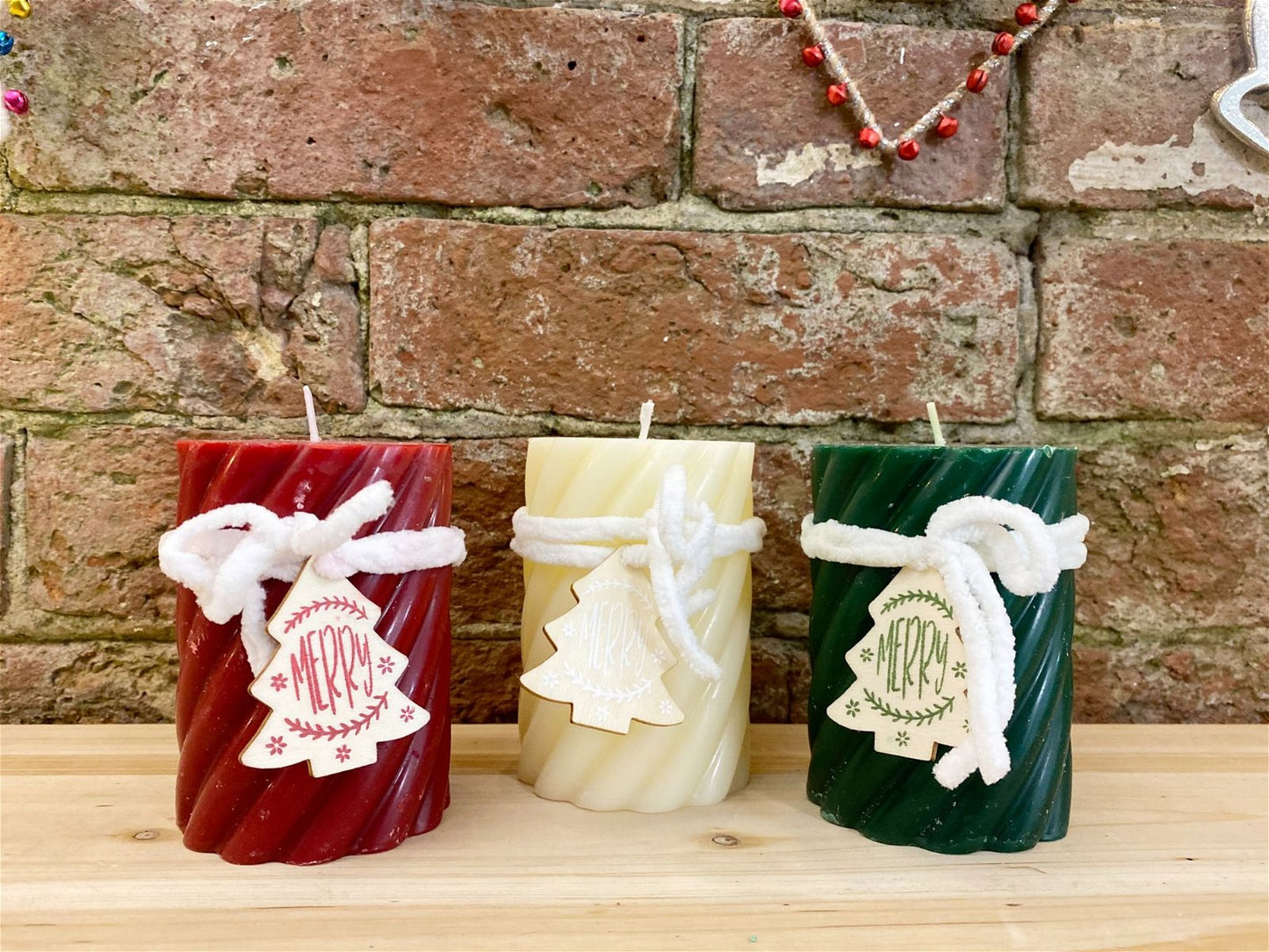 Three Twist Pillar (Christmas) Candles - Green, Cream & Red