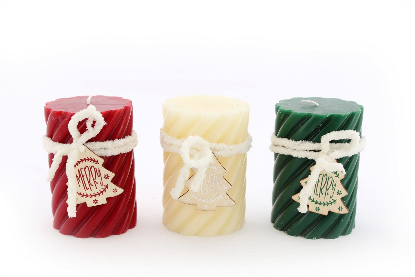 Three Twist Pillar (Christmas) Candles - Green, Cream & Red