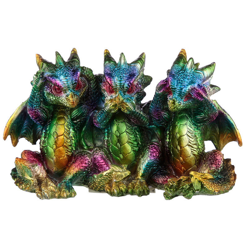 'Hear No, See No, Speak No Evil' Metallic Rainbow Colour Dragon Trio Ornament