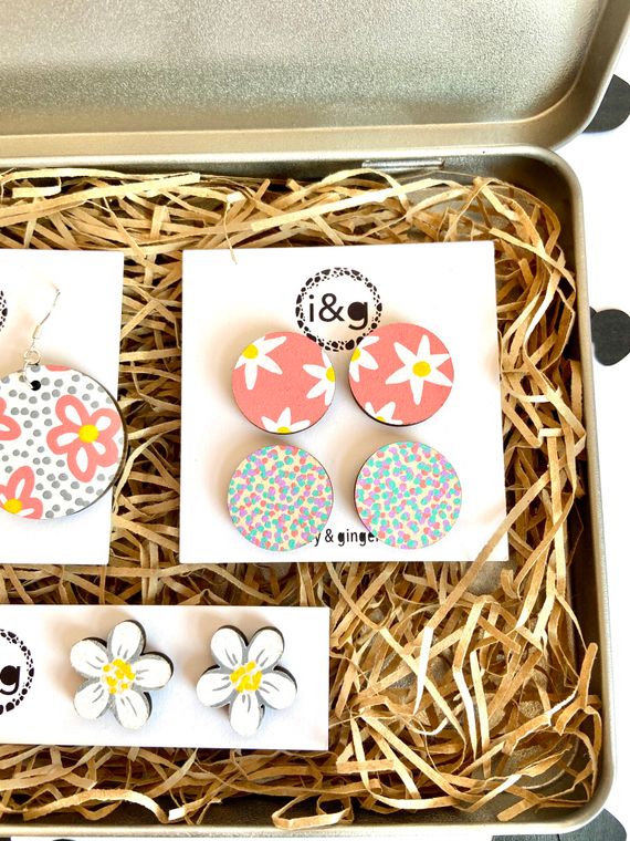 Eco Friendly - Hand Painted Wooden Earrings Gift Set - Floral Collection