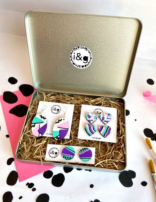 Eco Friendly - Hand Painted Wooden Earrings Gift Set - 80’s Collection