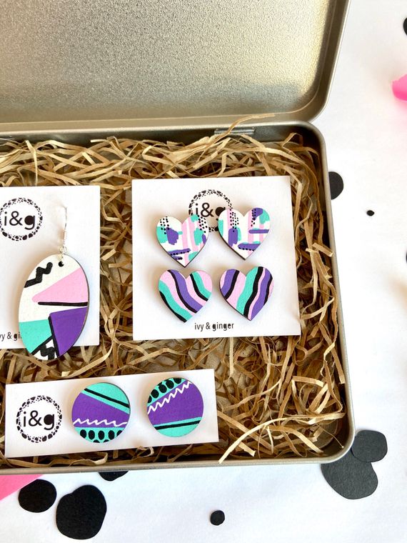 Eco Friendly - Hand Painted Wooden Earrings Gift Set - 80’s Collection