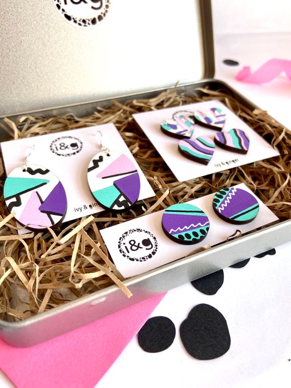 Eco Friendly - Hand Painted Wooden Earrings Gift Set - 80’s Collection