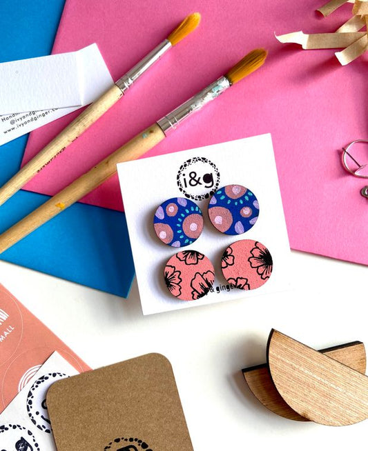 Blue and Pink Hand Painted Flower Stud Wooden Earrings