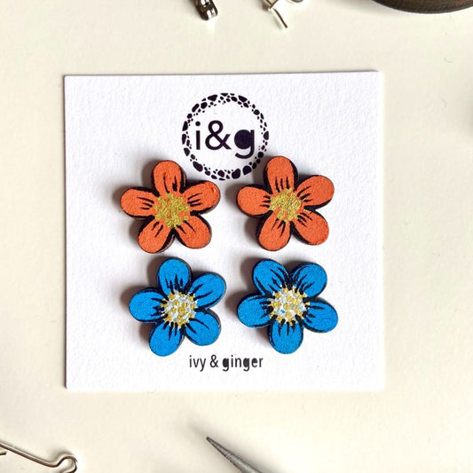 Orange and Blue Flower Stud Set Hand Painted Wooden Earrings