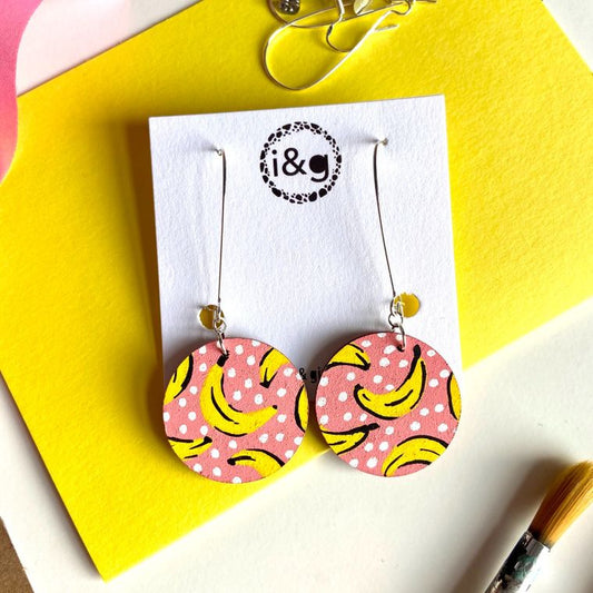 Pink Banana Drop Circle Hand Painted Wooden Earrings