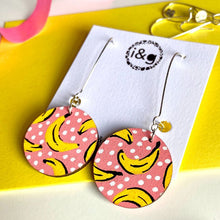 Pink Banana Drop Circle Hand Painted Wooden Earrings