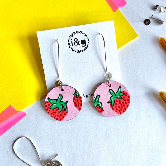 Pink Strawberries Print Drop Circle Hand Painted Wooden Earrings