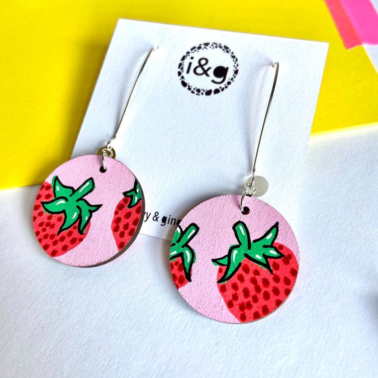 Pink Strawberries Print Drop Circle Hand Painted Wooden Earrings
