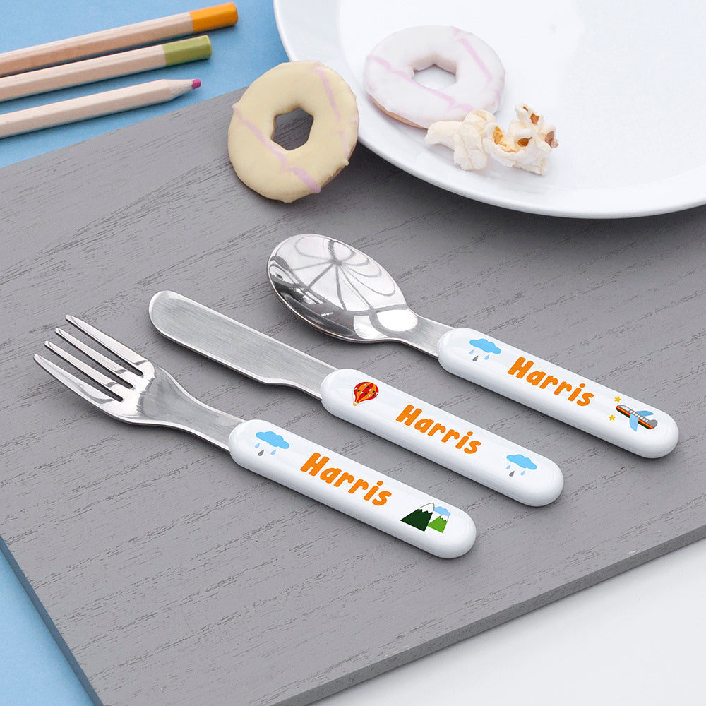 Children's Personalised 'Adventure' Plastic Plate and/or Metal Cutlery Set