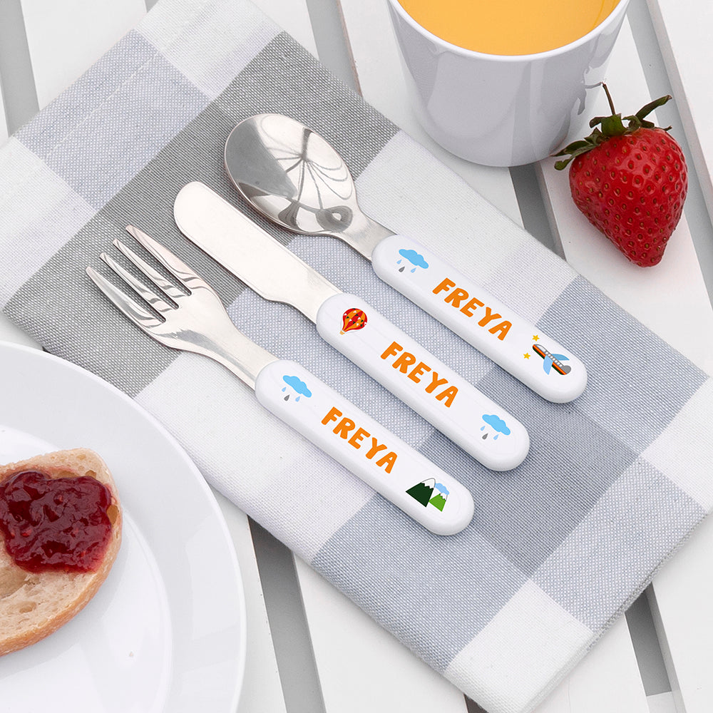 Children's Personalised 'Adventure' Plastic Plate and/or Metal Cutlery Set
