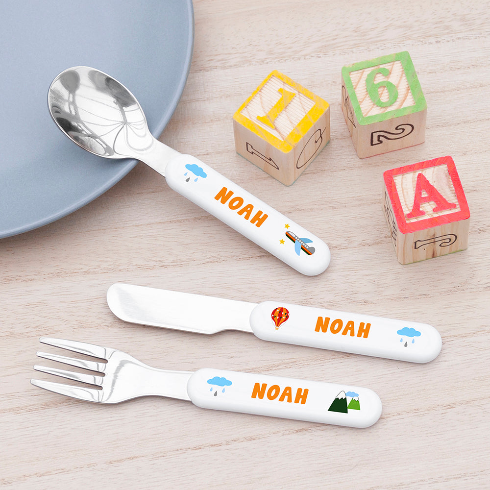 Children's Personalised 'Adventure' Plastic Plate and/or Metal Cutlery Set