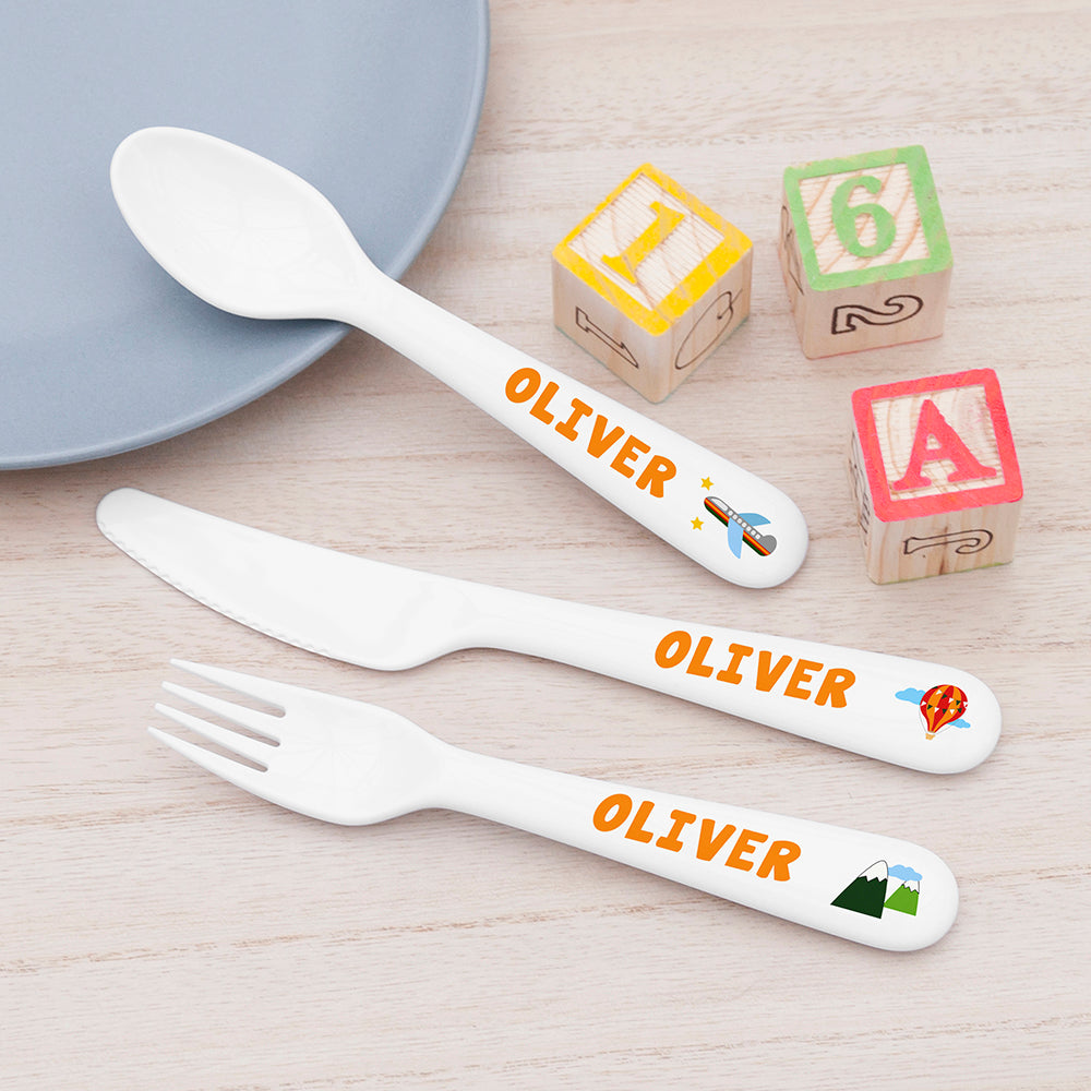 Children's Personalised 'Adventure' Plastic Plate and/or Metal Cutlery Set