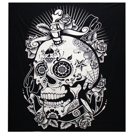 Cotton B&W Bedspread and/or Wall Hanging - Flower Skull (Double)